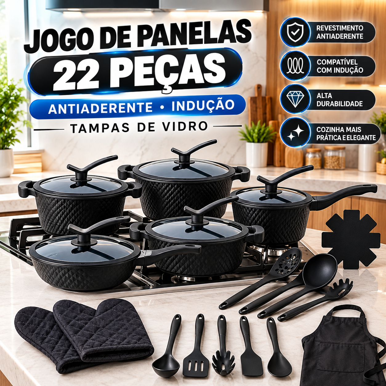 Jogo De Panelas Antiaderente Indução Cerâmica 22 Pcs